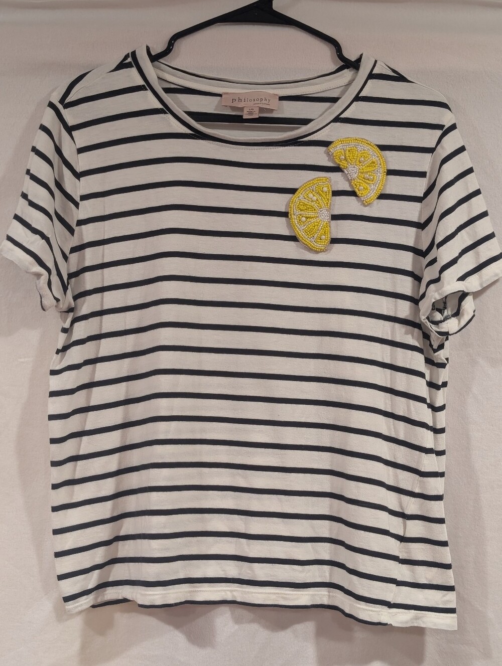 Philosophy Republic Clothing Striped Lemon Patch Tee L Women's Black White
